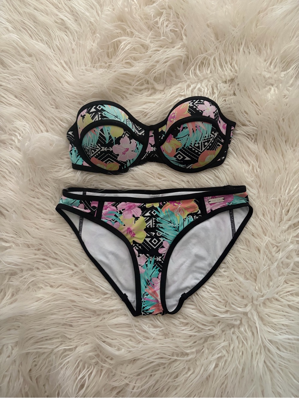 Tropical Floral Bandeau Bikini Set in Black and Pastel